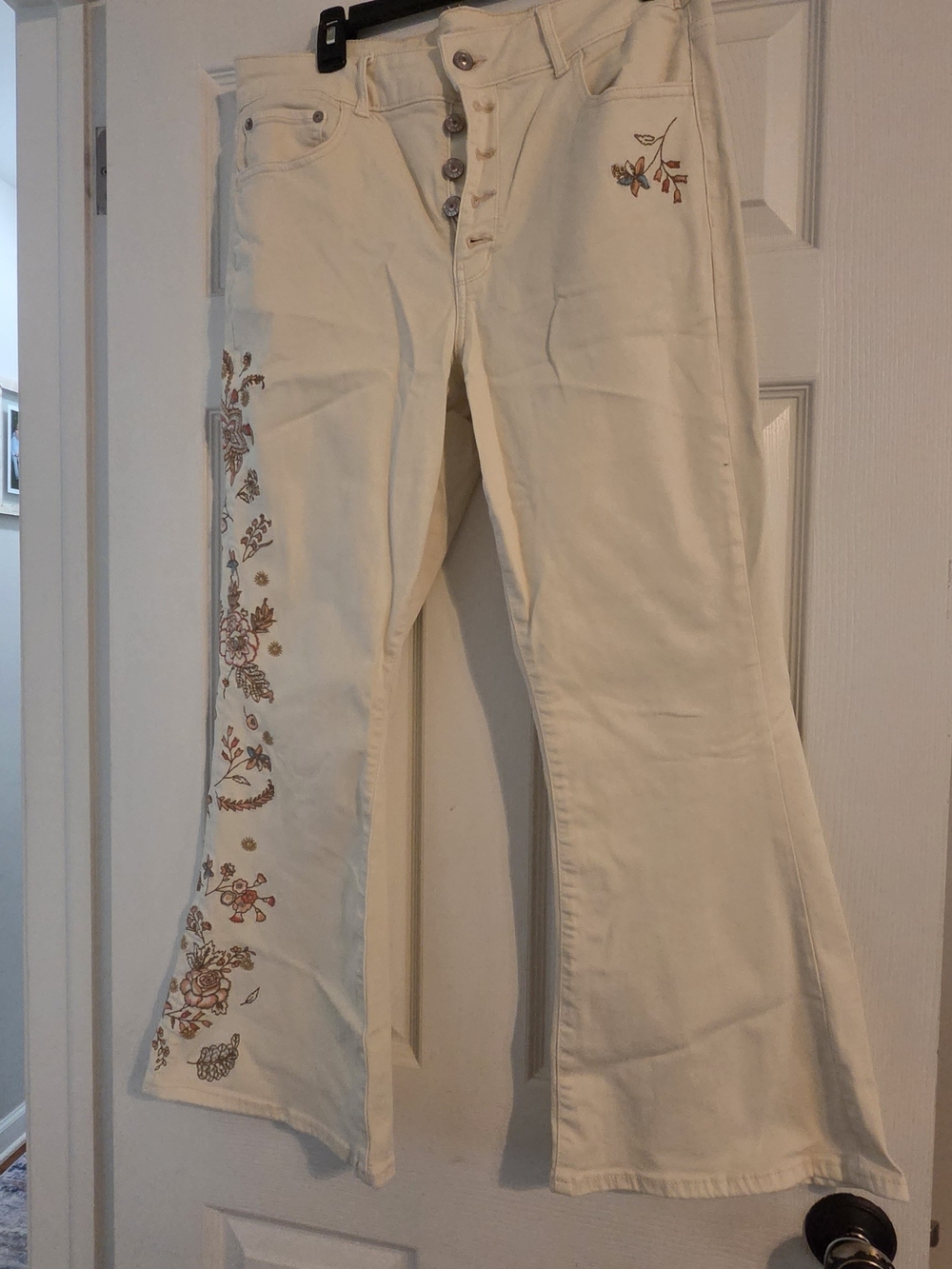 American Eagle Outfitters Cream Flare Jeans with Floral Embroidery